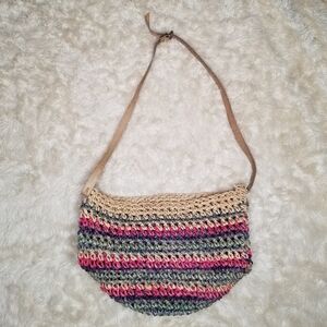 Y2K Striped Crichet Raffia Shoulder Bag Leather Strap Medium Beach Cottagecore
